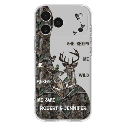 Custom Personalized Deer Couple Phone Case - Gift Idea For Couple - He Keeps Me Safe She Keeps Me Wild - Case For iPhone/Samsung