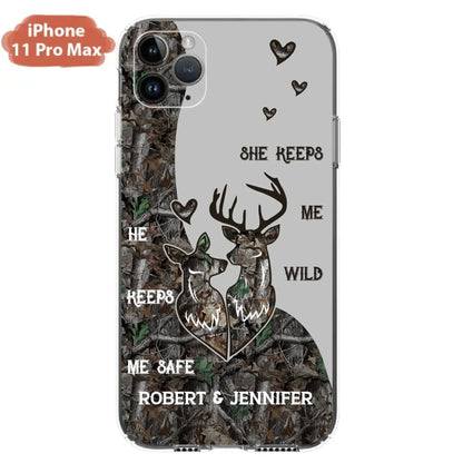 Custom Personalized Deer Couple Phone Case - Gift Idea For Couple - He Keeps Me Safe She Keeps Me Wild - Case For iPhone/Samsung