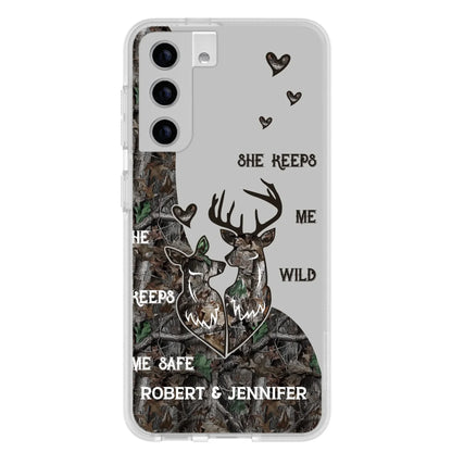 Custom Personalized Deer Couple Phone Case - Gift Idea For Couple - He Keeps Me Safe She Keeps Me Wild - Case For iPhone/Samsung