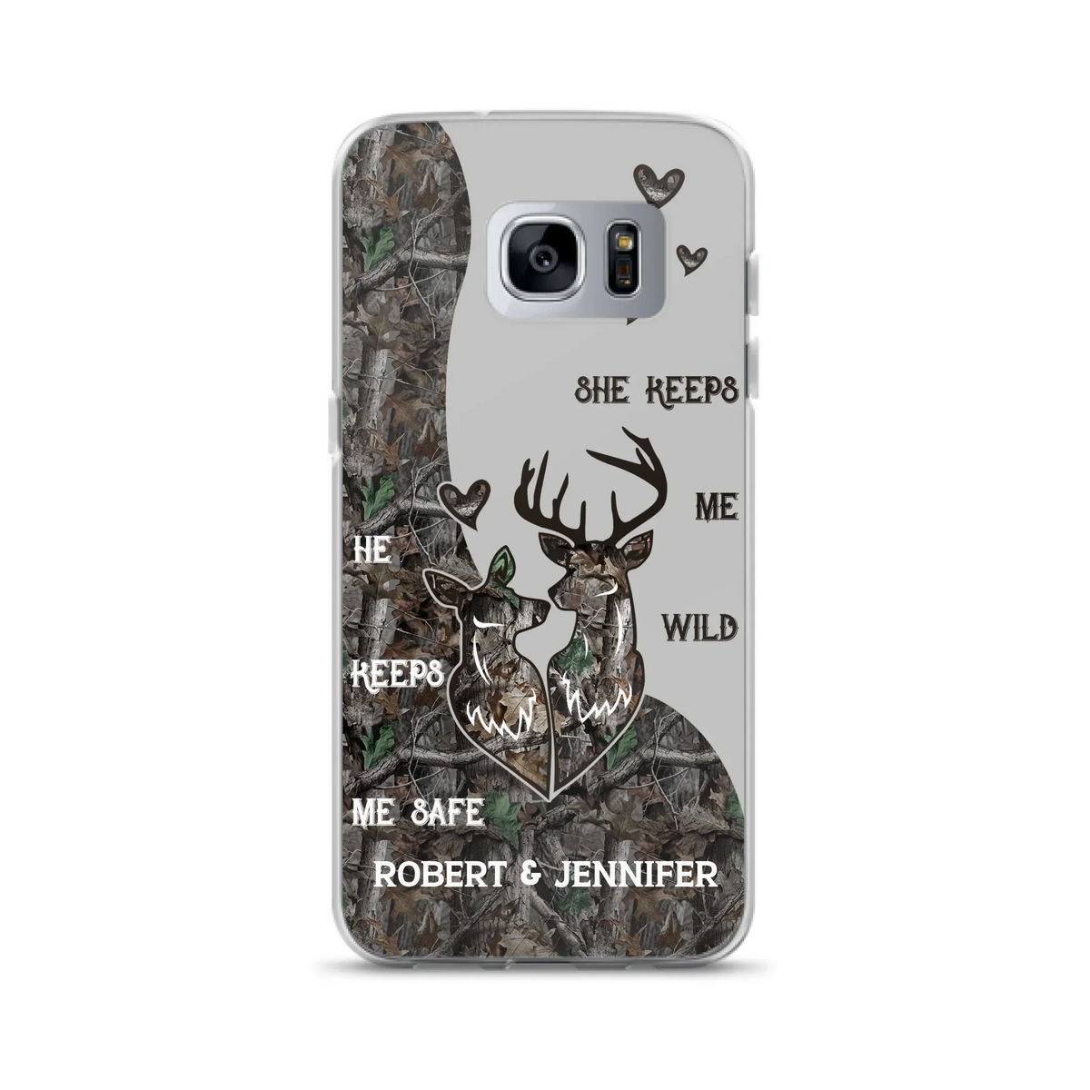 Custom Personalized Deer Couple Phone Case - Gift Idea For Couple - He Keeps Me Safe She Keeps Me Wild - Case For iPhone/Samsung