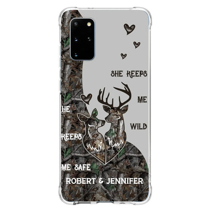 Custom Personalized Deer Couple Phone Case - Gift Idea For Couple - He Keeps Me Safe She Keeps Me Wild - Case For iPhone/Samsung