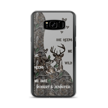 Custom Personalized Deer Couple Phone Case - Gift Idea For Couple - He Keeps Me Safe She Keeps Me Wild - Case For iPhone/Samsung