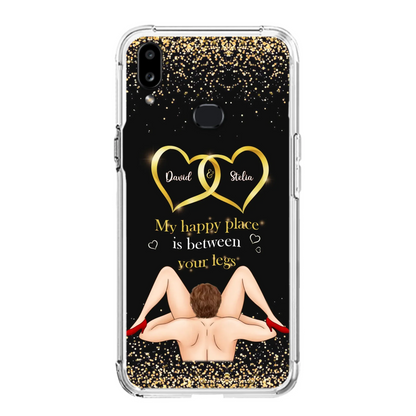 Custom Personalized Couple Phone Case - Gift Idea For Couple/Valentines Day - My Happy Place Is Between Your Legs - Case For iPhone/Samsung