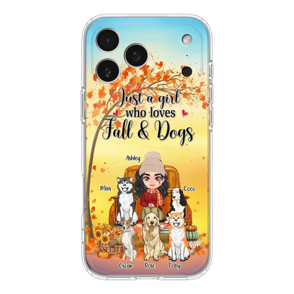 Custom Personalized Dog Mom Fall Season Phone Case - Autumn Gift Idea For Dog Owners - Upto 5 Dogs -  Case For iPhone/Samsung - Just A Girl Who Loves Fall & Dogs