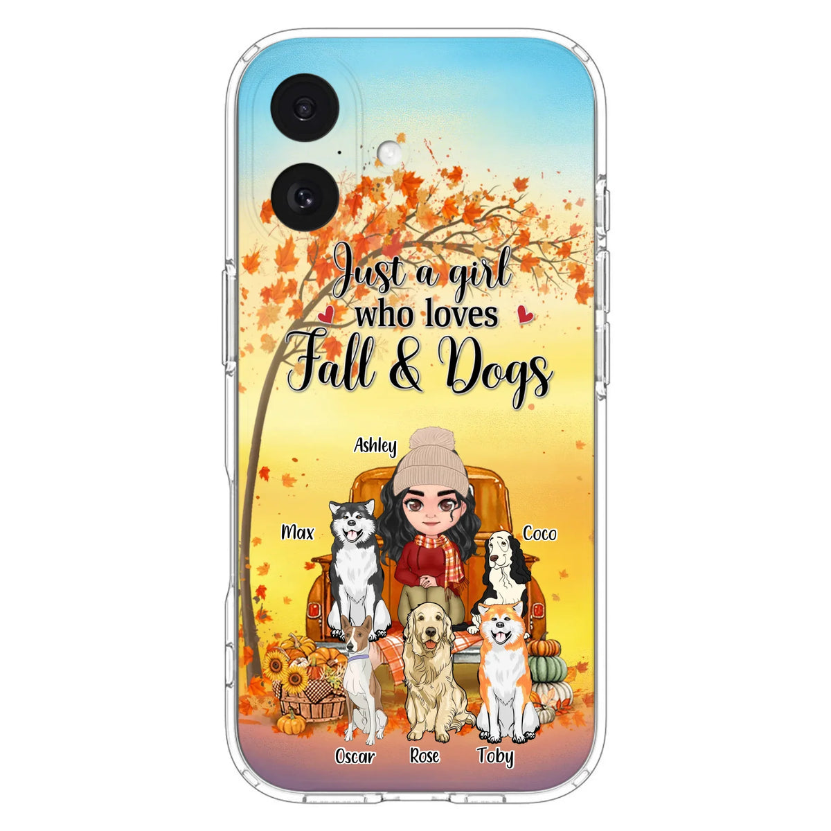 Custom Personalized Dog Mom Fall Season Phone Case - Autumn Gift Idea For Dog Owners - Upto 5 Dogs -  Case For iPhone/Samsung - Just A Girl Who Loves Fall & Dogs