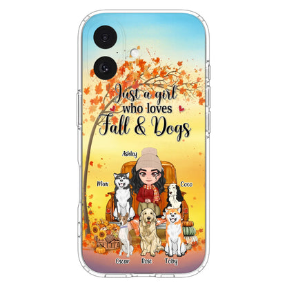 Custom Personalized Dog Mom Fall Season Phone Case - Autumn Gift Idea For Dog Owners - Upto 5 Dogs -  Case For iPhone/Samsung - Just A Girl Who Loves Fall & Dogs