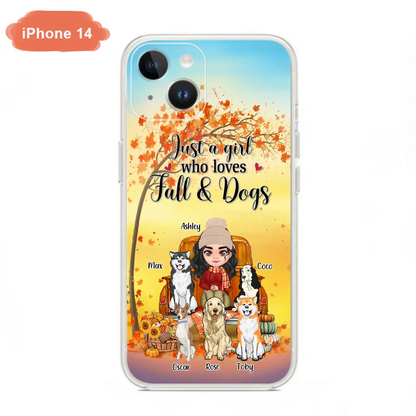 Custom Personalized Dog Mom Fall Season Phone Case - Autumn Gift Idea For Dog Owners - Upto 5 Dogs -  Case For iPhone/Samsung - Just A Girl Who Loves Fall & Dogs