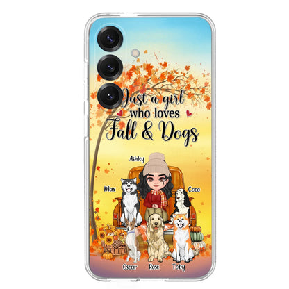 Custom Personalized Dog Mom Fall Season Phone Case - Autumn Gift Idea For Dog Owners - Upto 5 Dogs -  Case For iPhone/Samsung - Just A Girl Who Loves Fall & Dogs