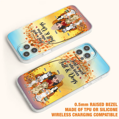Custom Personalized Dog Mom Fall Season Phone Case - Autumn Gift Idea For Dog Owners - Upto 5 Dogs -  Case For iPhone/Samsung - Just A Girl Who Loves Fall & Dogs