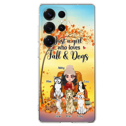 Custom Personalized Dog Mom Fall Season Phone Case - Autumn Gift Idea For Dog Owners - Upto 5 Dogs -  Case For iPhone/Samsung - Just A Girl Who Loves Fall & Dogs