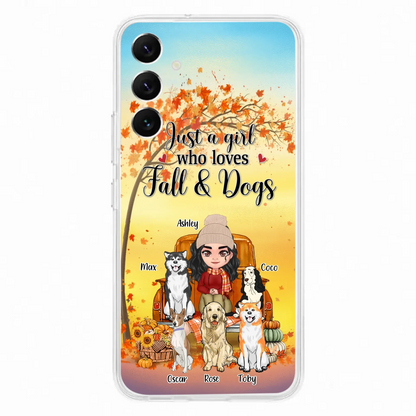 Custom Personalized Dog Mom Fall Season Phone Case - Autumn Gift Idea For Dog Owners - Upto 5 Dogs -  Case For iPhone/Samsung - Just A Girl Who Loves Fall & Dogs