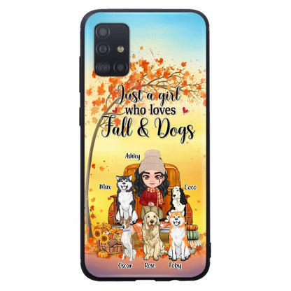 Custom Personalized Dog Mom Fall Season Phone Case - Autumn Gift Idea For Dog Owners - Upto 5 Dogs -  Case For iPhone/Samsung - Just A Girl Who Loves Fall & Dogs
