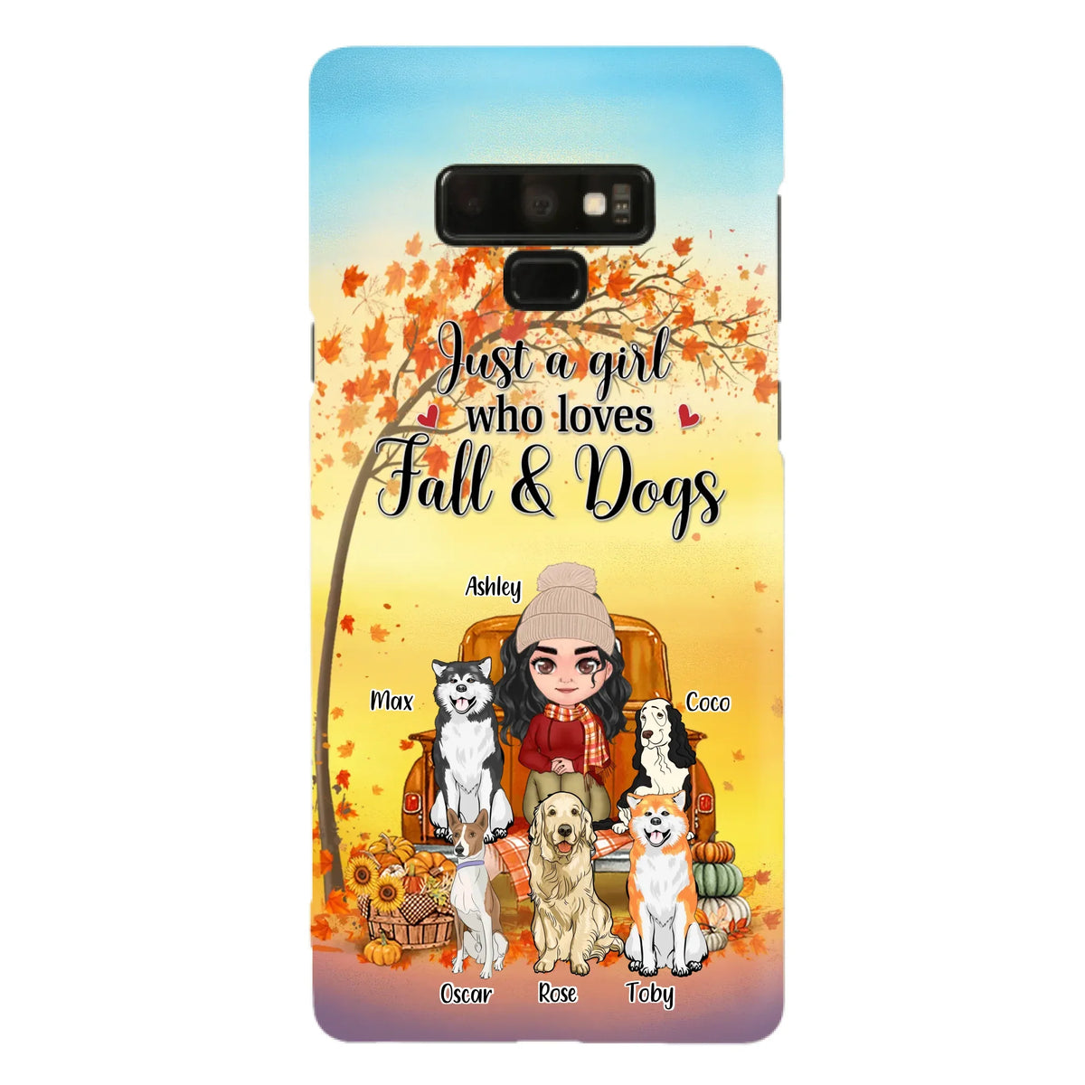 Custom Personalized Dog Mom Fall Season Phone Case - Autumn Gift Idea For Dog Owners - Upto 5 Dogs -  Case For iPhone/Samsung - Just A Girl Who Loves Fall & Dogs