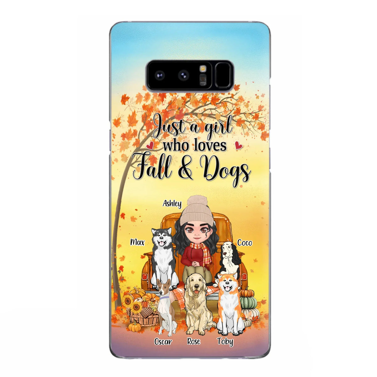 Custom Personalized Dog Mom Fall Season Phone Case - Autumn Gift Idea For Dog Owners - Upto 5 Dogs -  Case For iPhone/Samsung - Just A Girl Who Loves Fall & Dogs