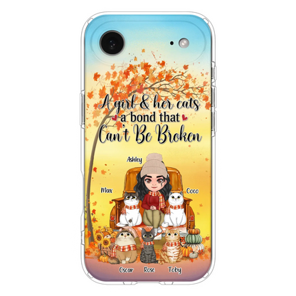 Custom Personalized Cat Mom Fall Season Phone Case - Gift Idea For Cat Owners - Upto 5 Cats -  Case For iPhone/Samsung - A Girl & Her Cats A Bond That Can't Be Broken
