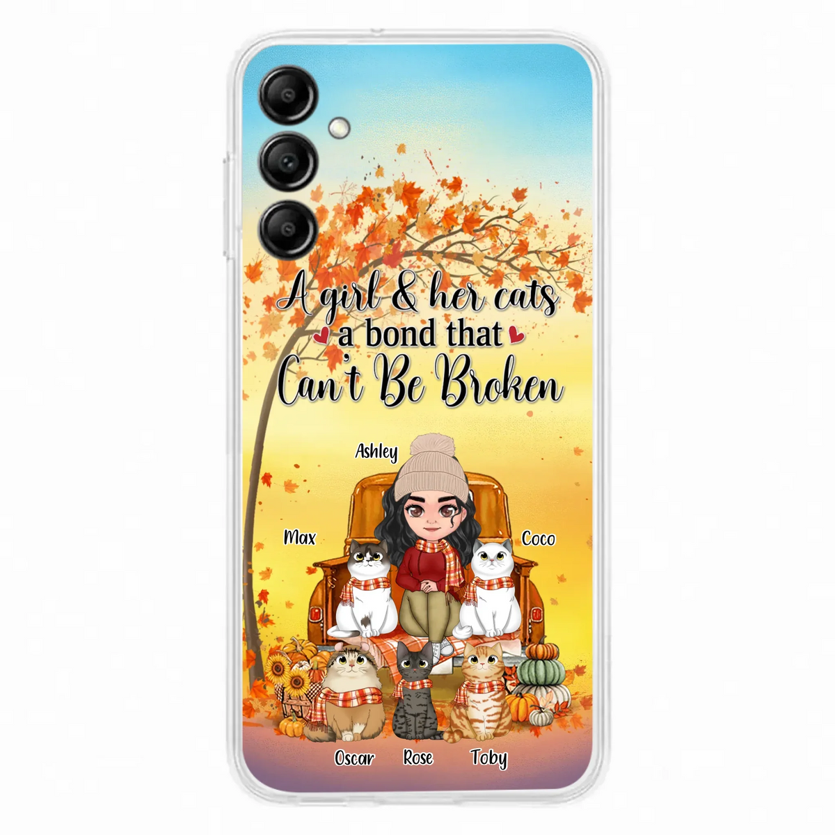 Custom Personalized Cat Mom Fall Season Phone Case - Gift Idea For Cat Owners - Upto 5 Cats -  Case For iPhone/Samsung - A Girl & Her Cats A Bond That Can't Be Broken