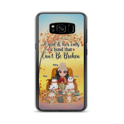 Custom Personalized Cat Mom Fall Season Phone Case - Gift Idea For Cat Owners - Upto 5 Cats -  Case For iPhone/Samsung - A Girl & Her Cats A Bond That Can't Be Broken