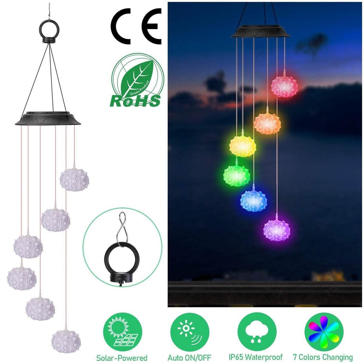 7 Color Changing Solar Wind Chime Lights Sea Urchins Decorative Lamp