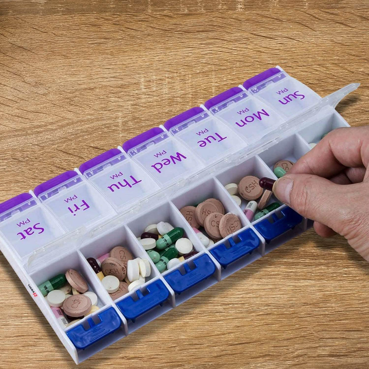 7-Day Push Button Pill, Medicine, Vitamin Organizer with AM/PM Large Compartments