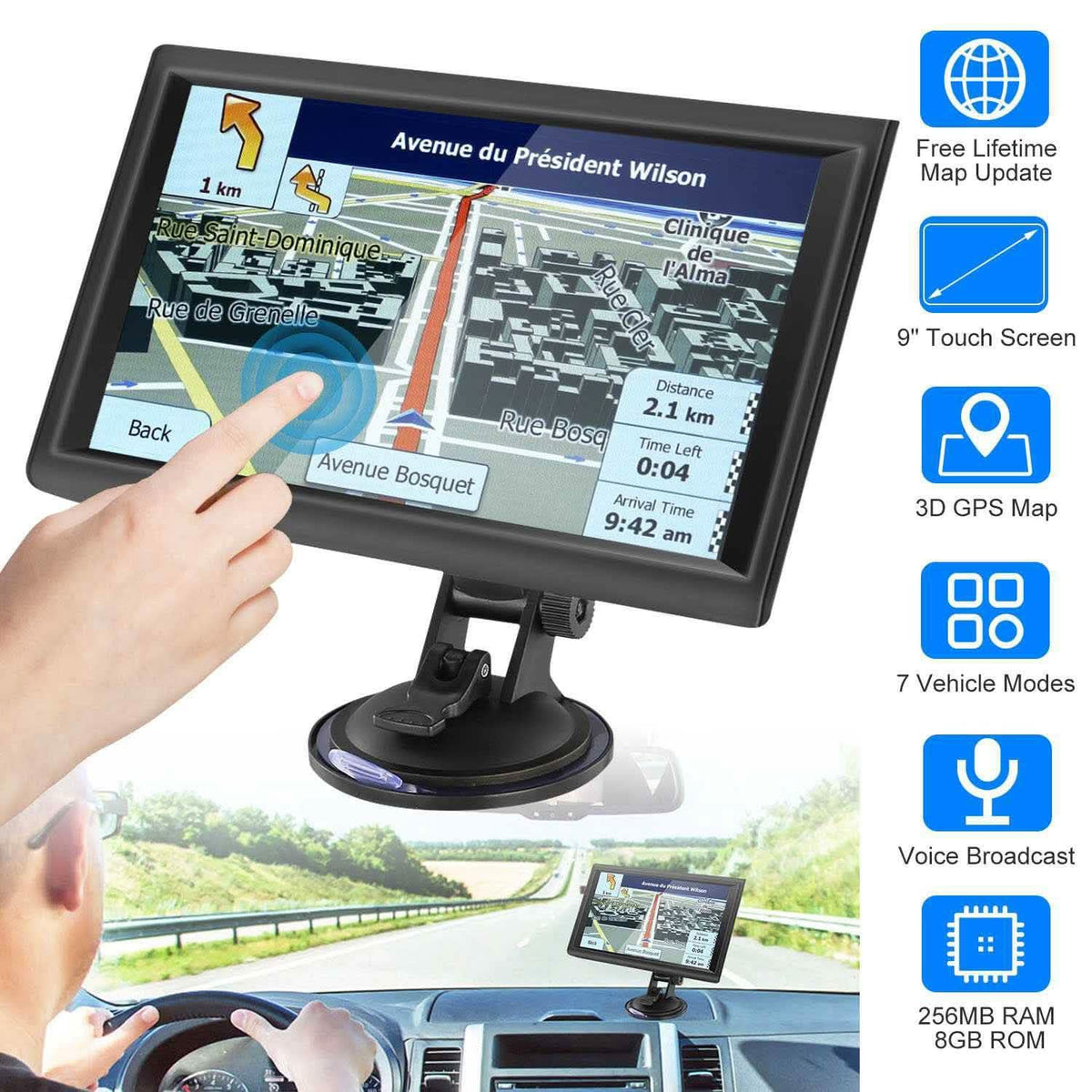 9" Car GPS Navigation - 8GB Touch Screen Vehicle Navigator
