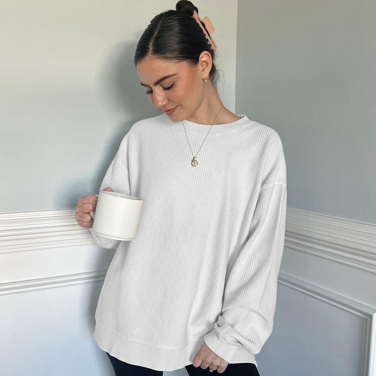 White Oversized Corded Crew