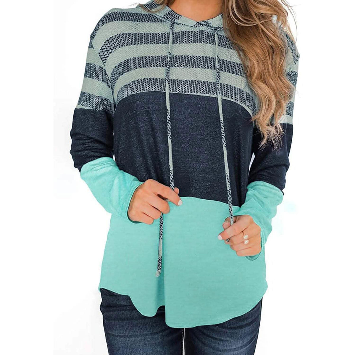 Actloe Women Long Sleeve Striped Color Block Casual Hoodies