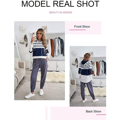 Actloe Women Long Sleeve Striped Color Block Casual Hoodies