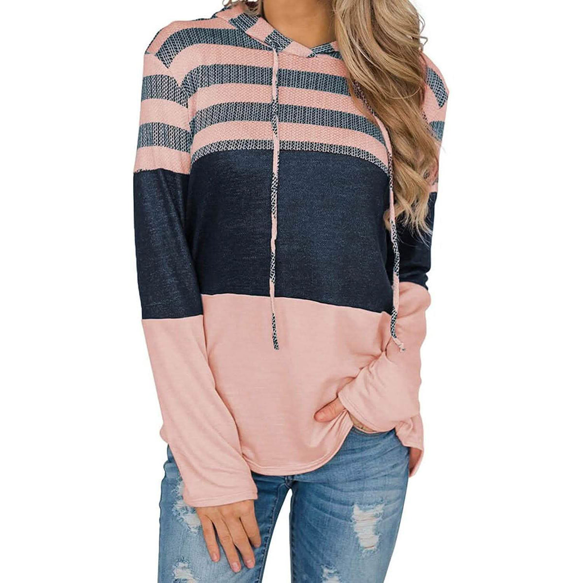 Actloe Women Long Sleeve Striped Color Block Casual Hoodies