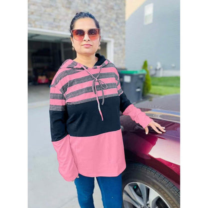 Actloe Women Long Sleeve Striped Color Block Casual Hoodies