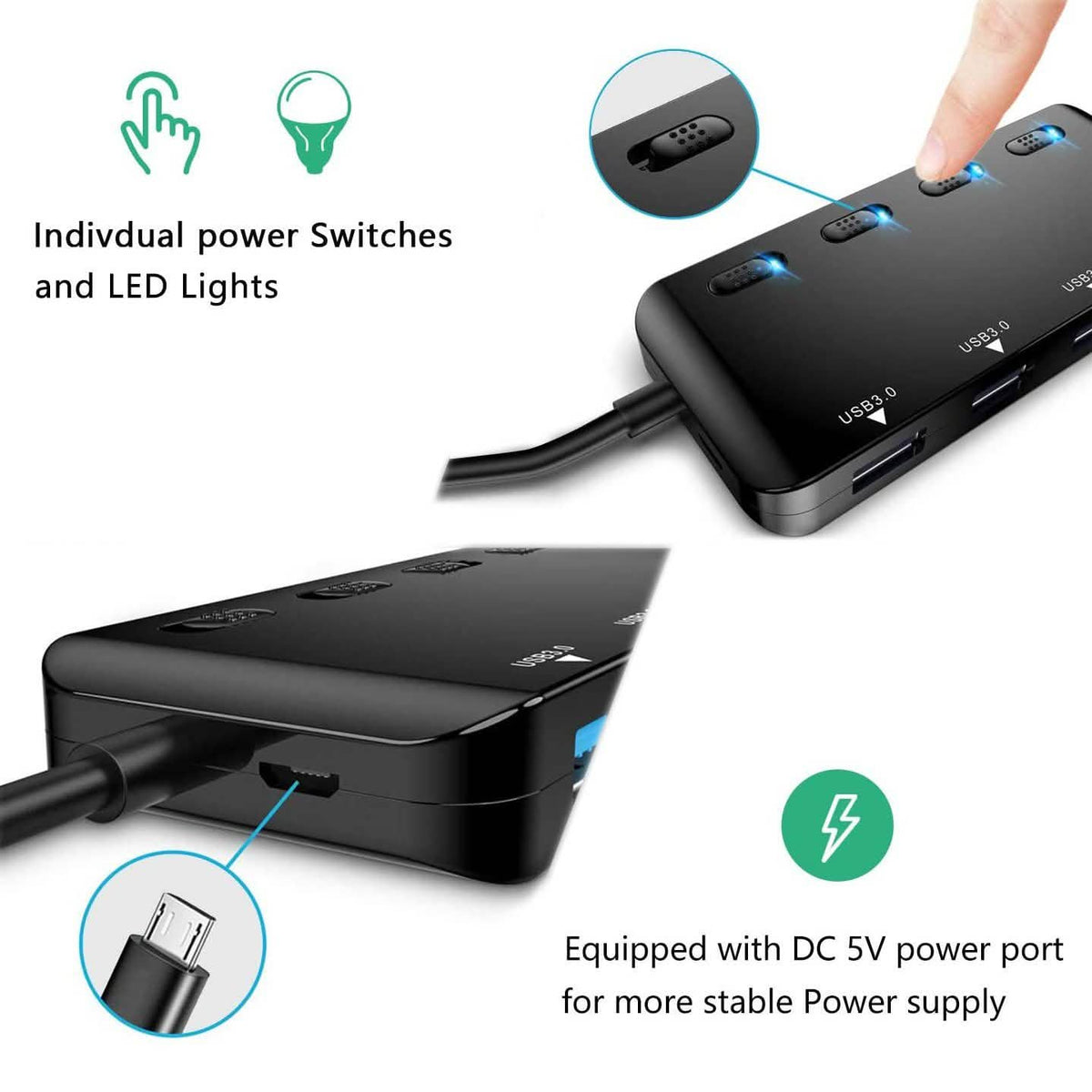 APANAGE 4-Port Powered USB 3.0 Hub Splitter