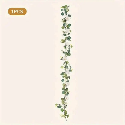 Artificial Eucalyptus Garland With Fake Roses & Gypsophila, Faux Floral Greenery