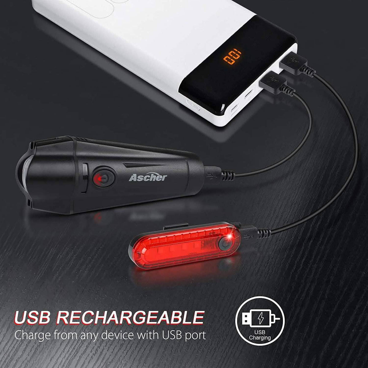 Ascher Ultra Bright USB Rechargeable Bike Light Set