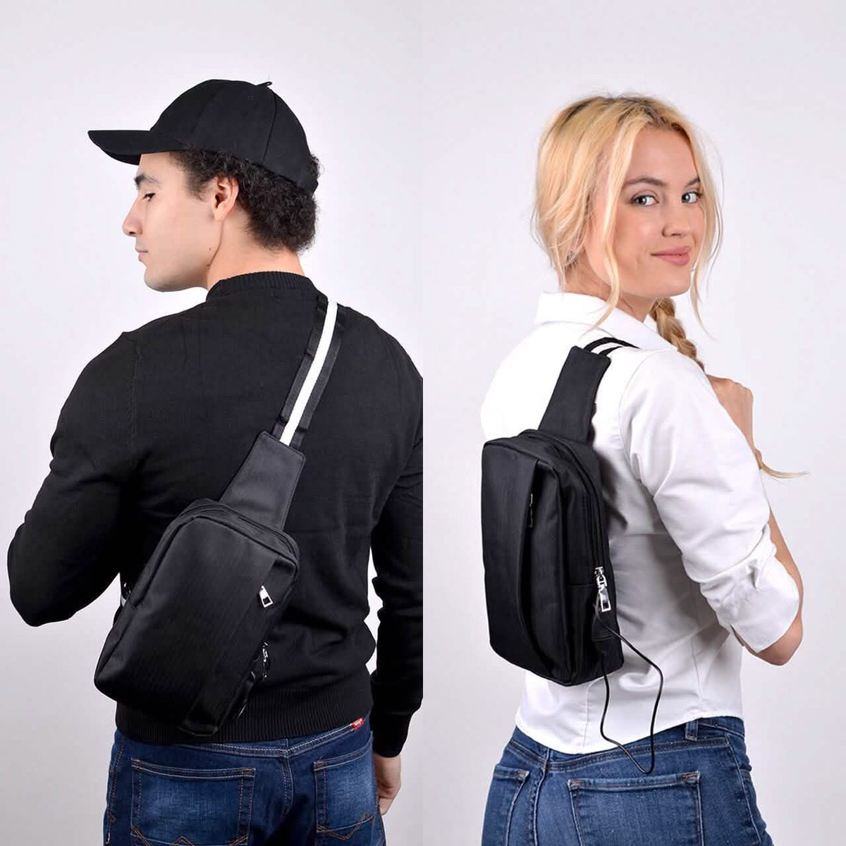 Black Crossbody Shoulder Sling Bag with USB Charging Port
