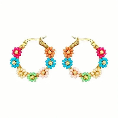 Bohemian Style Stainless Steel Beaded Flower Decor Hoop Earrings