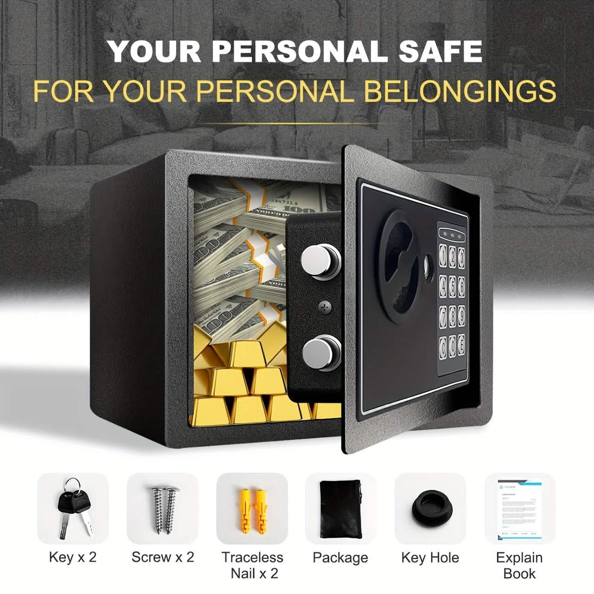 Fireproof Digital Home Safe with Keypad, Sensor Light & Money Bag-Silver