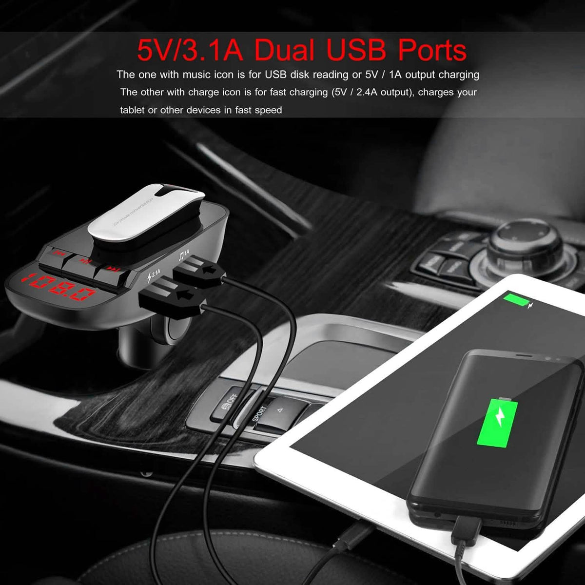 Car FM Transmitter with Wireless Earpiece 2 USB Charge Ports