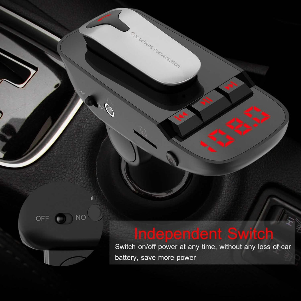 Car FM Transmitter with Wireless Earpiece 2 USB Charge Ports