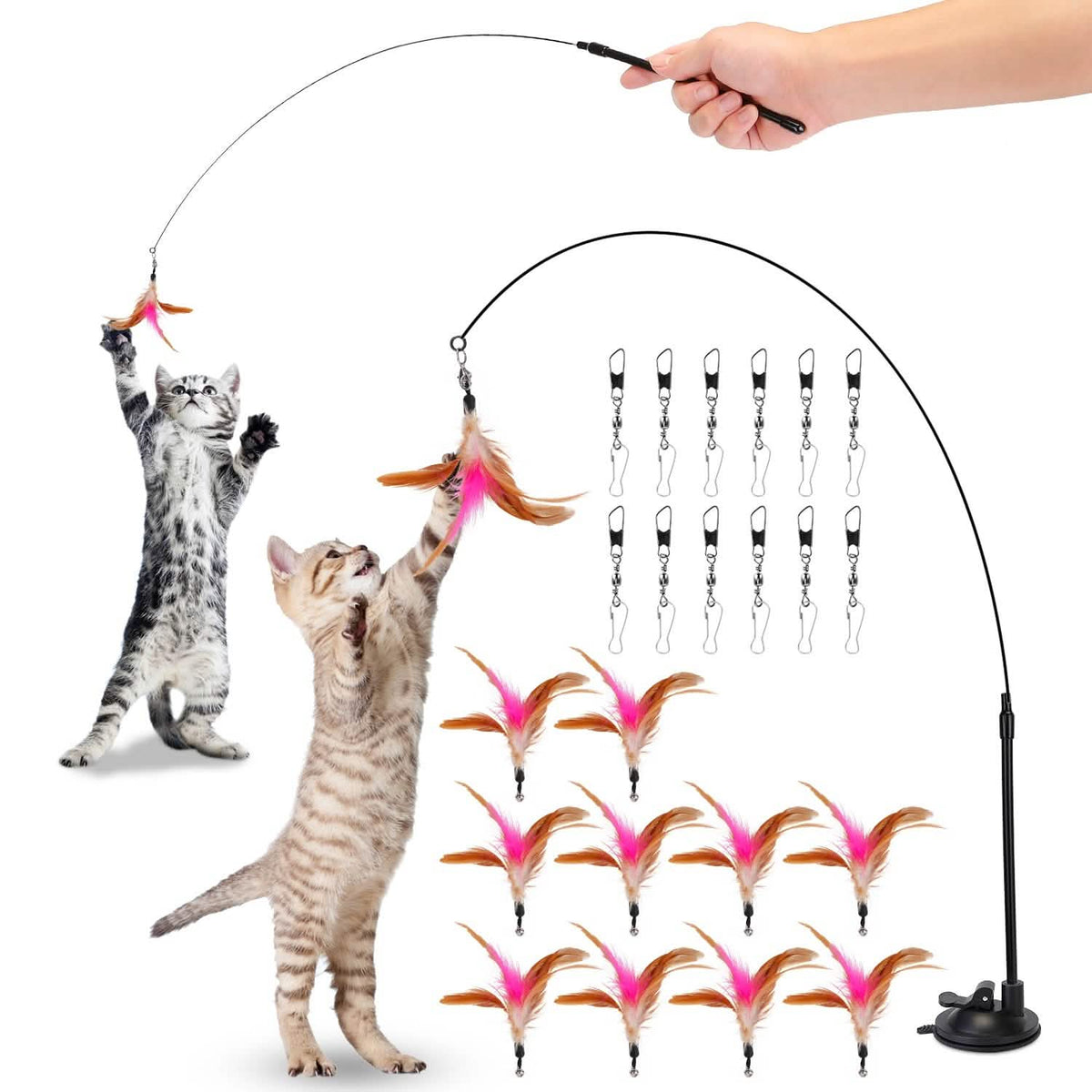 Cat Feather Wand Rod with 12 Pieces Feather Replacements for Cats