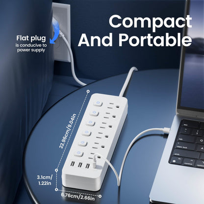 10-in-1 Multi-Outlet Power Strip – 6 AC, 3 USB-A, 1 Type-C