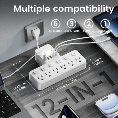 12-in-1 Adjustable Desk Lamp Power Strip – 6 AC Outlets, 3 USB-A & 2 Type-C Ports, Surge Protection