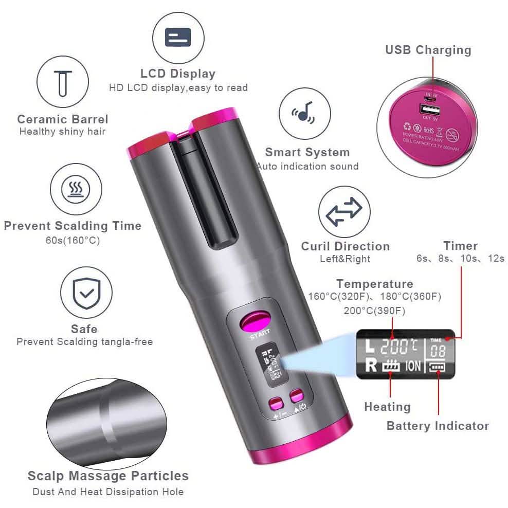 Cordless Automatic Portable Ceramic Barrel Hair Curler