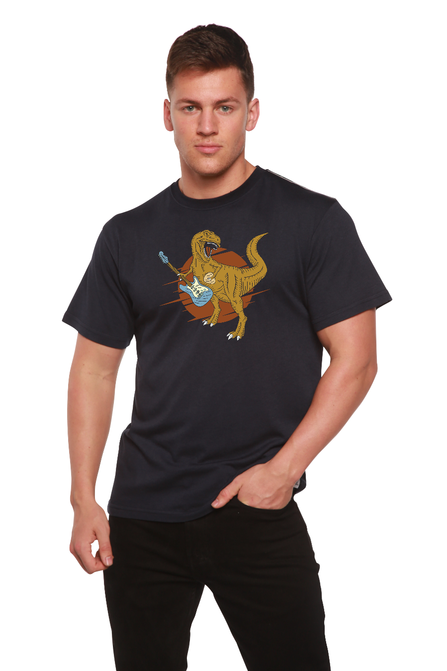 Dinosaur with a guitar Men's Bamboo Viscose/Organic Cotton Short Sleeve Graphic T-Shirt