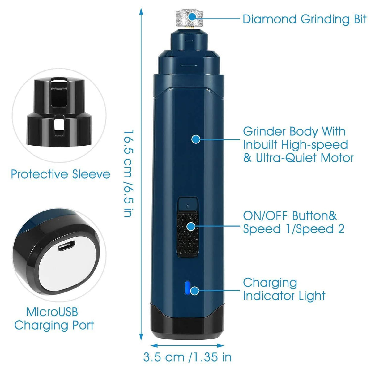 Dog Nail Grinder 2 Speeds Quiet USB Rechargeable