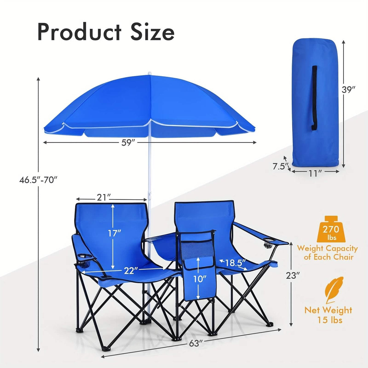 Folding Double Camping Chair with Umbrella (Blue)