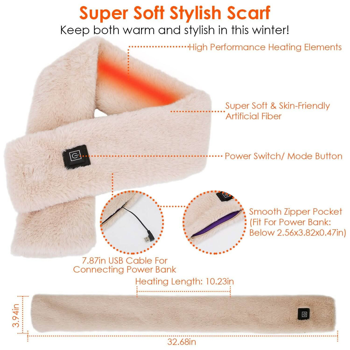Electric Heated Scarf USB Heating Neck Shawl Soft Warm Scarves with 3 Heating Modes