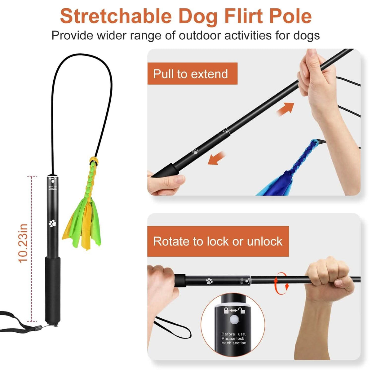 Extendable Dog Flirt Pole with 2 Replaceable Interactive Tail Toys