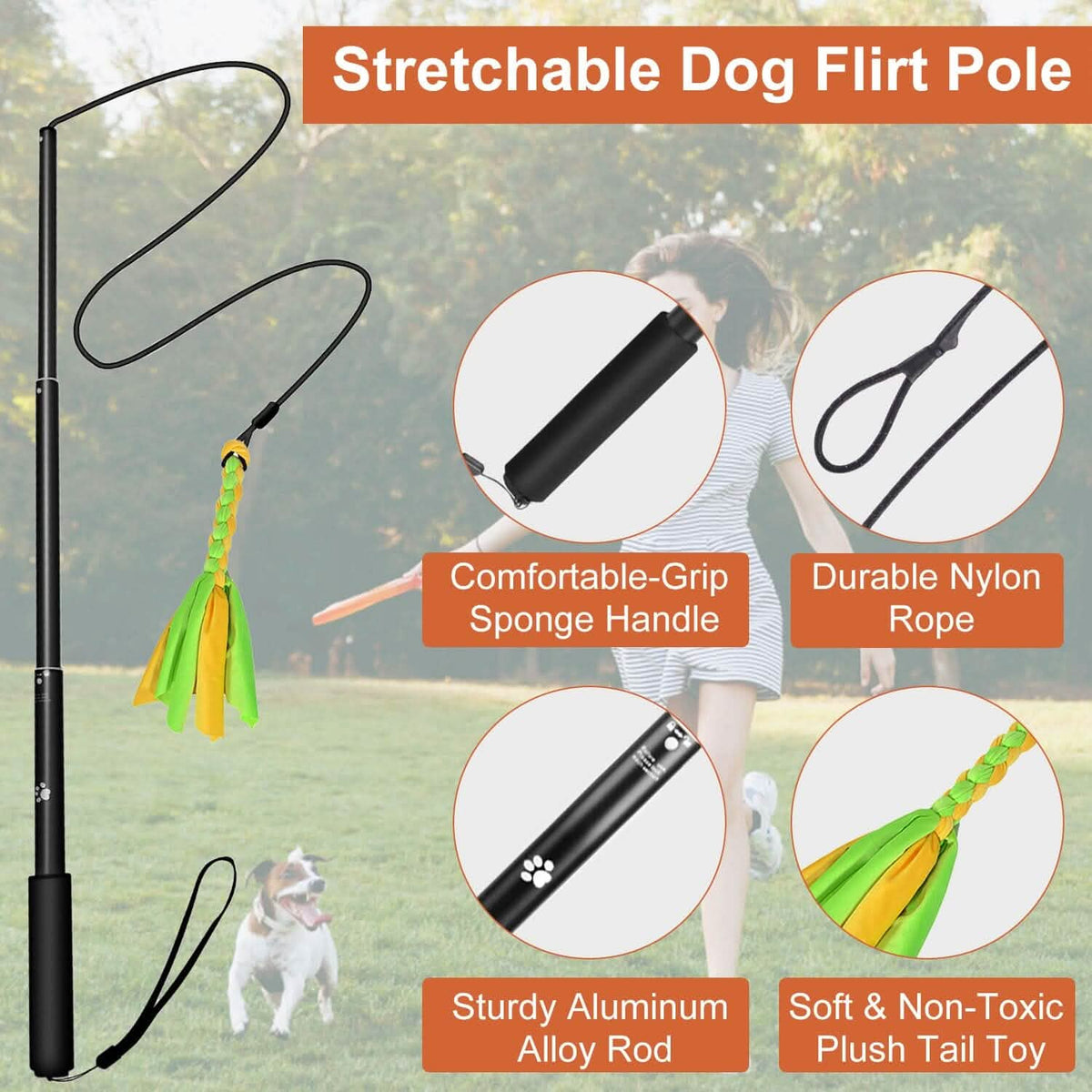 Extendable Dog Flirt Pole with 2 Replaceable Interactive Tail Toys