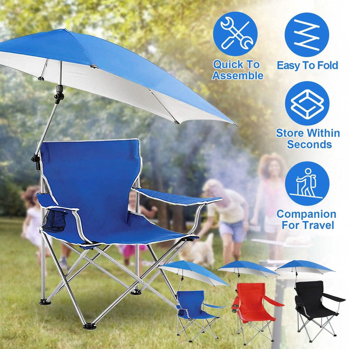 Foldable Beach Chair with Detachable Armrest Adjustable Canopy Stool with Cup Holder