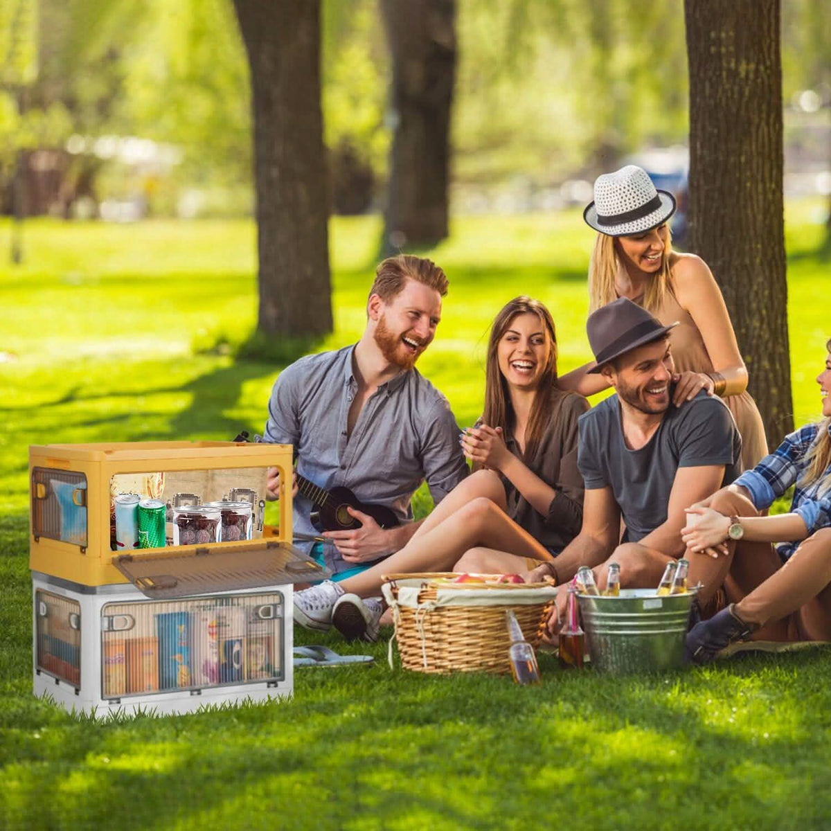 Foldable Storage Bins with Lid 4 Doors Collapsible Stackable with Lock