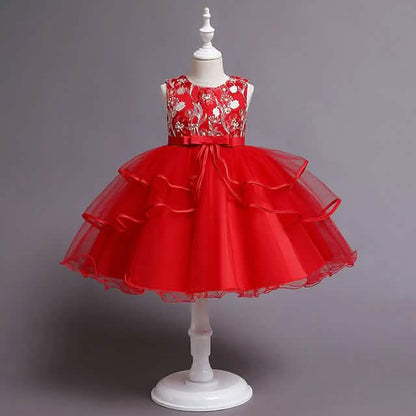 Girls' Patchwork Mesh Bow Party Dress